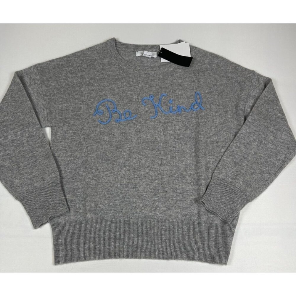 Magaschoni Cashmere Women XL Gray "Be Kind" Embroidered Sweater